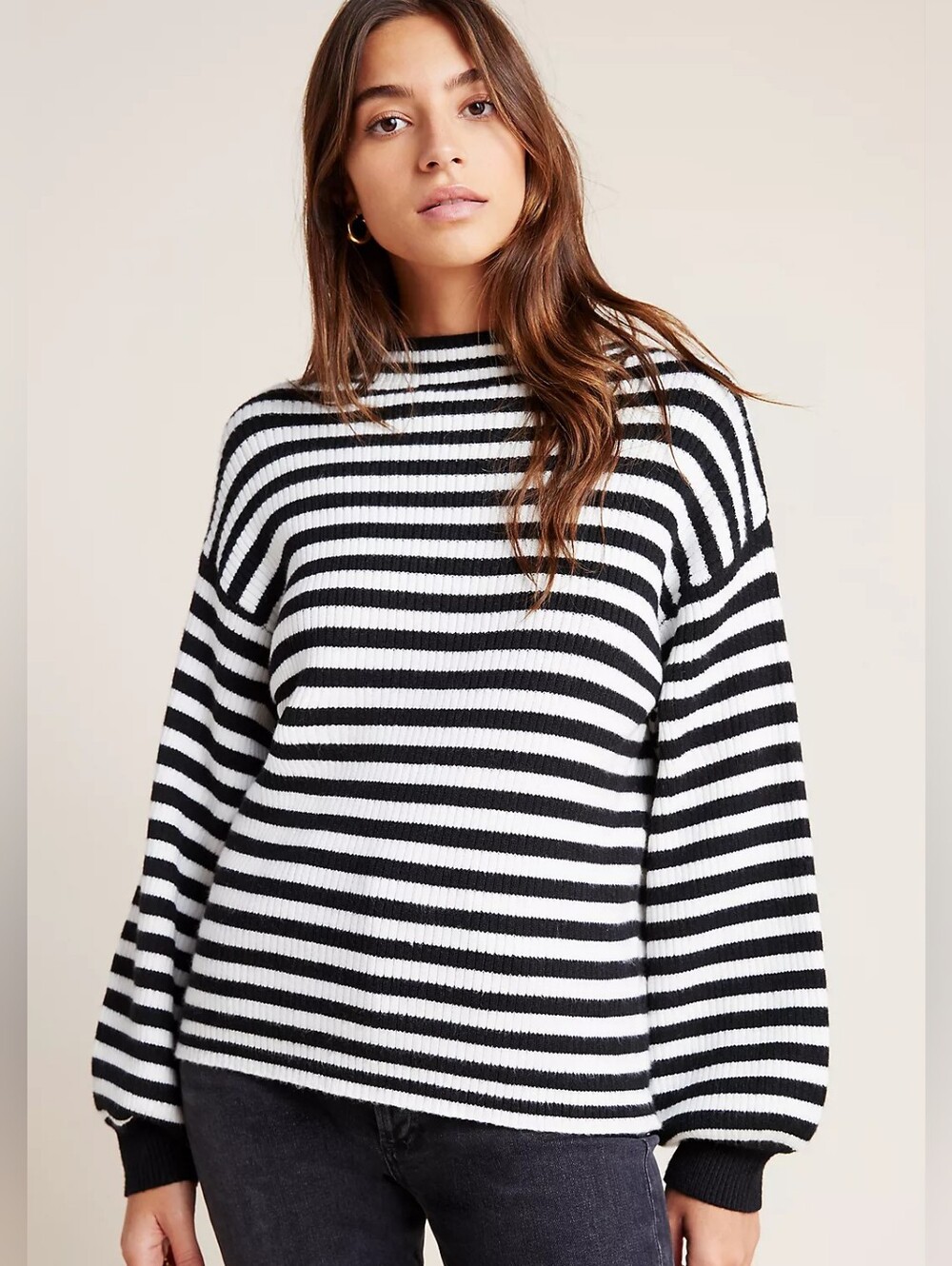 ANTHROPOLOGIE Sydney Black And White Striped Balloon-Sleeved Sweater Cozy Size M